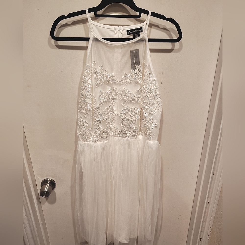 Candalite Women's NWT White Halter Neck Embroidered Tulle Midi Dress 2X Wedding